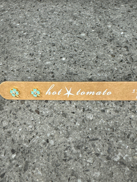 Hot Tomato Mini Flower Stud  - Gold/Turquoise