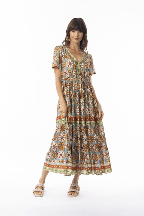 Escape By OQ Vera Cap Sleeve Layers Dress Print 40159