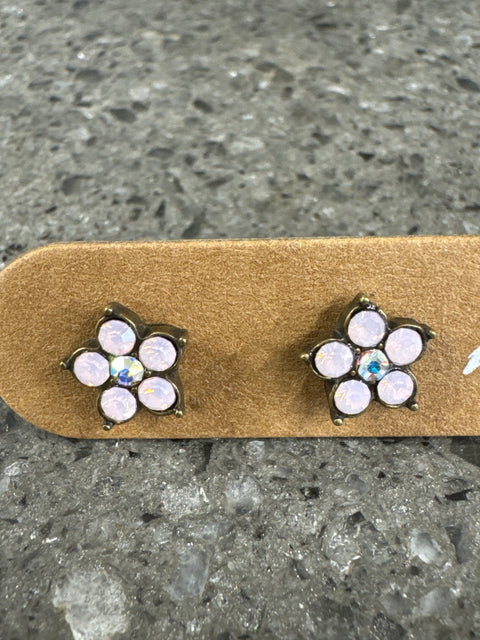 E - Five Petal Floral Studs - Old Gold/Rose Water Opal/AB