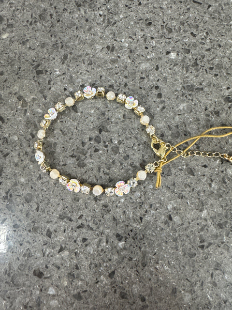 Hot Tomato Flower Chain Bracelet with Extender - Faux mother of pearl and Clear Crystal