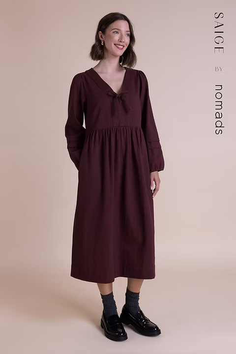 Saige Cotton Drill Tie Front Midi Dress PD2246BGY Burgundy