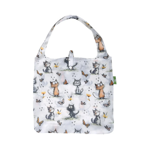 Eco Chic White Whimsy Cats Recycled Lightweight Foldable Reusable Shopping Bag