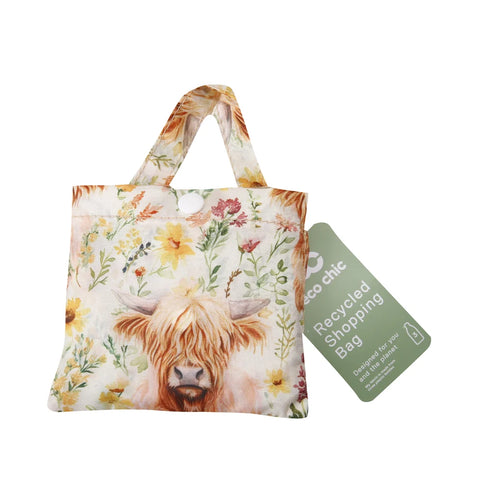 Eco Chic Beige Floral Highland Cow Recycled Lightweight Foldable Reusable Shopping Bag