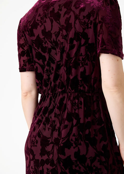 Dreams Womens AA0507 Merlot Floral Devore Velvet Split Detail v Neck Midi Dress