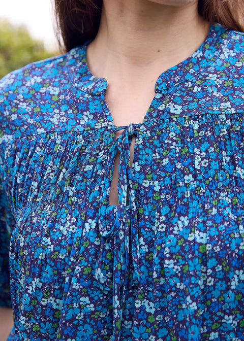Dreams AA0536 Navy Autumnal Ditsy Nehru Neck Shirred Blouse