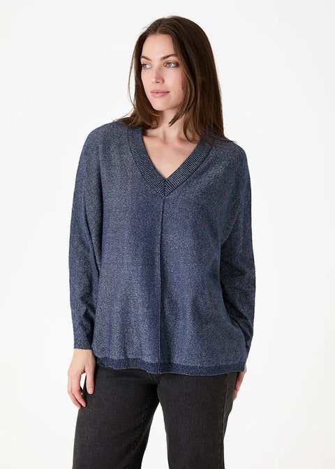 Dreams Womens AA0566 Navy Cashmere Like Lurex v Neck Baggy Jumper