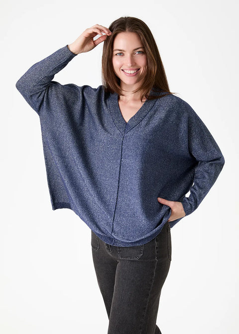 Dreams Womens AA0566 Navy Cashmere Like Lurex v Neck Baggy Jumper