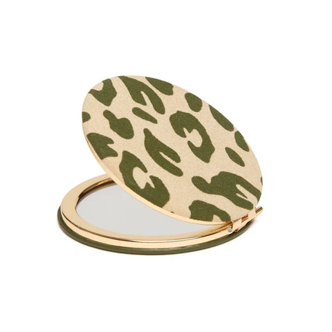 Alice Wheeler Round Compact Mirror Olive Leopard