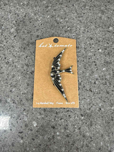 BR - Swallow Flight - Antique Gold / Blk Enamel / Clear Crys