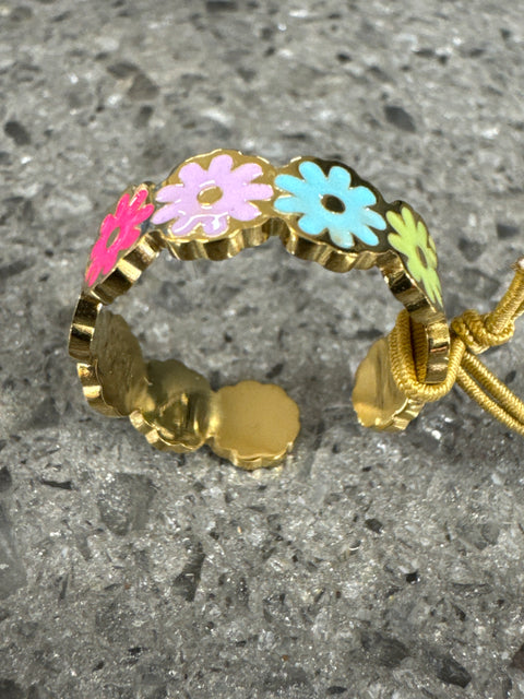 R - Flower Power - Multi Col - Adjust /  S.Steel W/18K Gold
