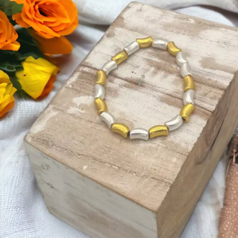 Elegant Stretch Bracelet with Mixed Gold and Silver Coloured Tubes - Hypoallergenic & Nickel Free BR218Mix