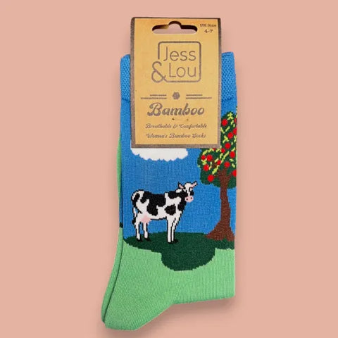 Jess And Lou Luxurious Green and Blue Funky Farmyard Bamboo Socks - Soft, Cozy And Eco-Friendly Comfort For Every Step