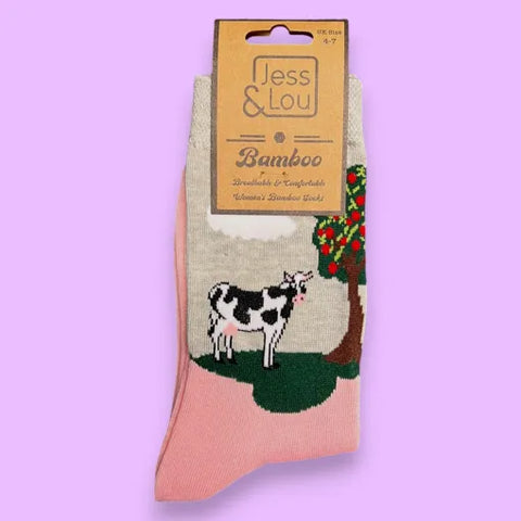 Jess And Lou Luxurious Pink and Grey Funky Farmyard Bamboo Socks - Soft, Cozy And Eco-Friendly Comfort For Every Step