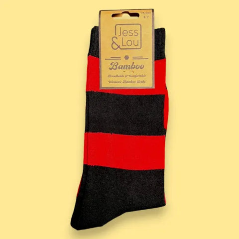 Jess And Lou Luxurious Red and Black Block Stripe Bamboo Socks - Soft, Cozy And Eco-Friendly Comfort For Every Step