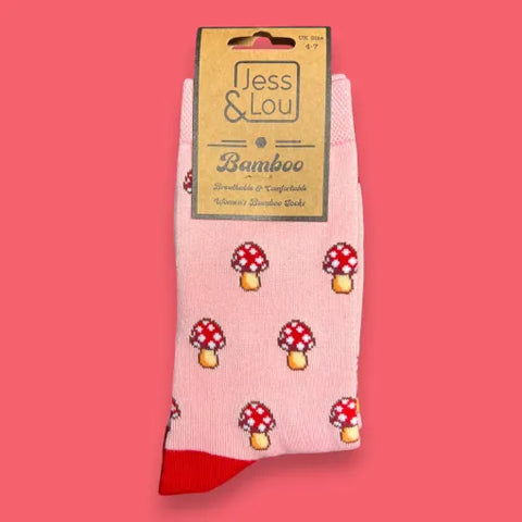 Jess And Lou Luxurious Pink Marvellous Mushrooms Bamboo Socks - Soft, Cozy And Eco-Friendly Comfort For Every Step
