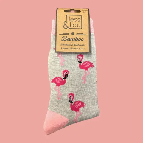 Jess And Lou Luxurious Grey Fancy Flamingo Bamboo Socks - Soft, Cozy And Eco-Friendly Comfort For Every Step