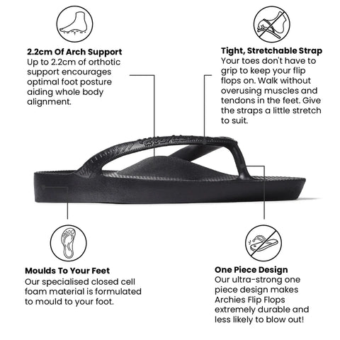 Archies Classic Black Mens Womens Arch Support Flip Flops