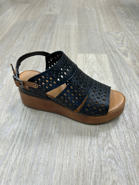 Modella Grace Black Womens Leather Wedge Sandals