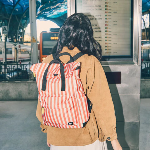 Roka Canfield B Medium Coral Stripe Recycled Nylon Roll-top Backpack