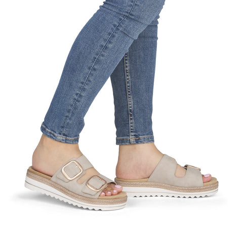 Remonte D0Q66-62 Beige Womens Leather Touch Fastening Platform Lip On Mules Sandals