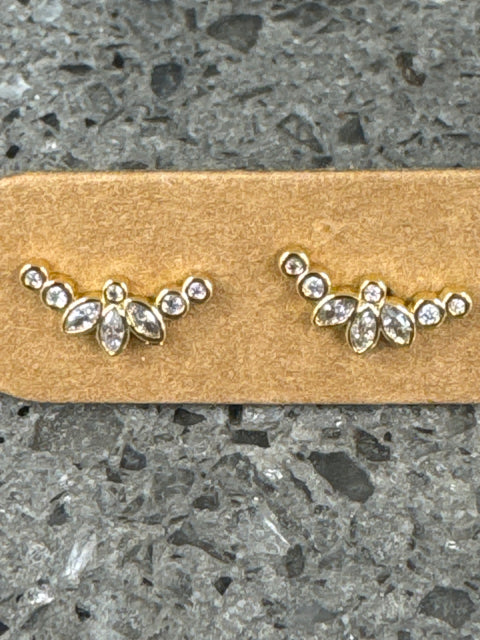 E - Floral Spray Studs - Cubic Zirconia - Brass W/18K Gold