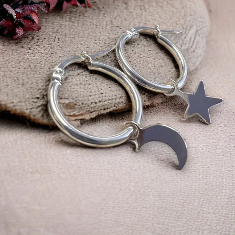 Jess & Lou Small Hoop Moon & Star Earrings