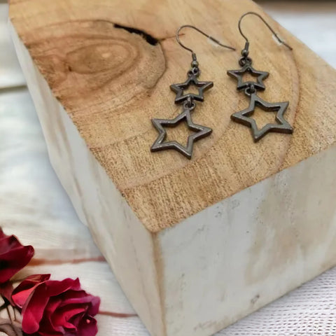Jess and Lou ER121GM Gunmetal Hollow Double Star Stud Hypoallergenic & Nickel Free Earrings