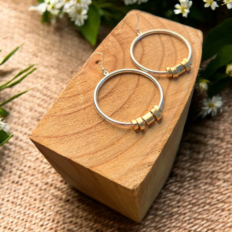 Elegant Silver Matt Finish Hoop Earrings with Gold-Coloured Beads - Hypoallergenic & Nickel ER145MIXFree