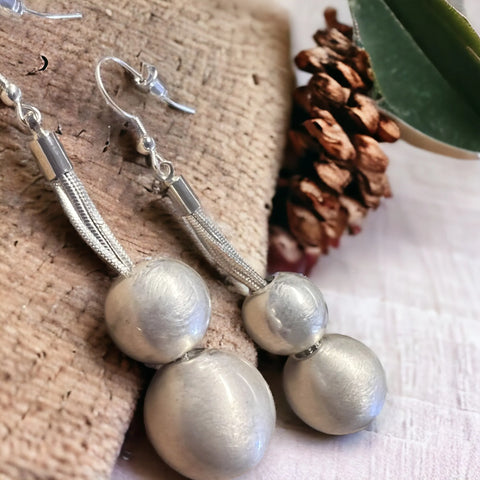 Jess and Lou ER164S Silver Matt Double Ball Drop Hypoallergenic & Nickel Free Silver Hooks Earrings