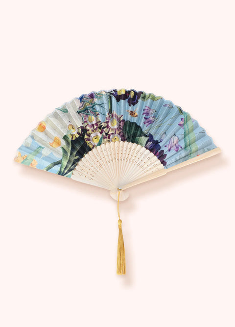 Powder Spring Flora Polyester Satin Bamboo Hand Fan