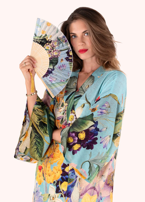 Powder Spring Flora Polyester Satin Bamboo Hand Fan