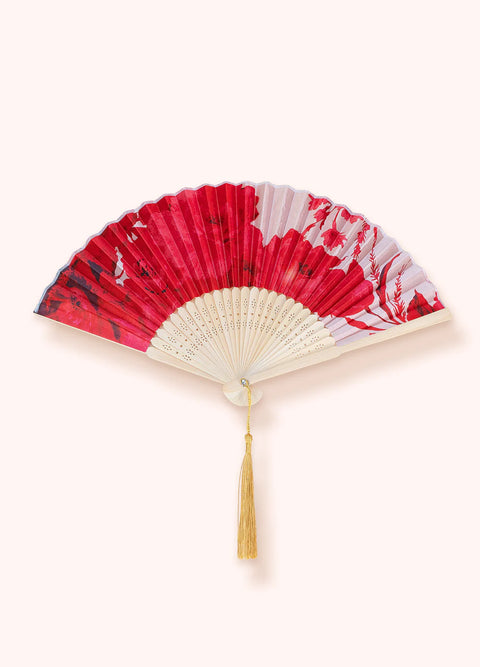 Powder Rouge Blooms Polyester Satin Bamboo Hand Fan