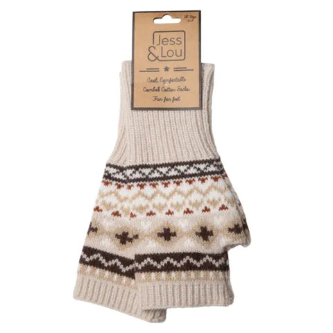 Jess And Lou Beige Nordic Womens Knit Cosy Fingerless Gloves - Super Soft Wrist Warmers for Ultimate Comfort