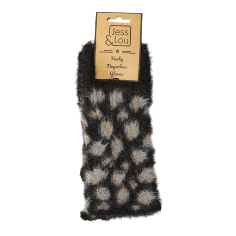 Jess And Lou Black Leopard Fluffy Knit Cosy Fingerless Gloves - Super Soft Wrist Warmers for Ultimate Comfort