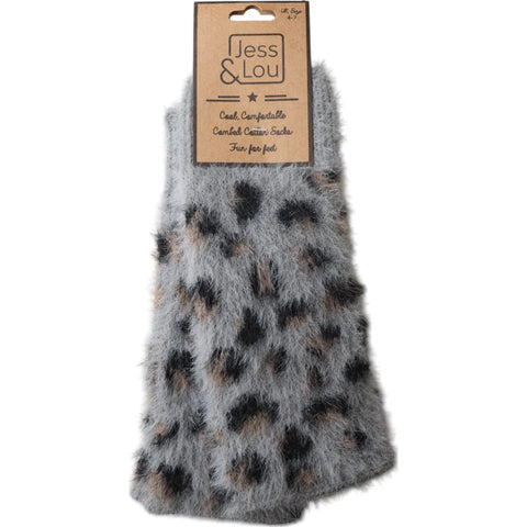 Jess And Lou Grey Leopard Fluffy Knit Cosy Fingerless Gloves - Super Soft Wrist Warmers for Ultimate Comfort