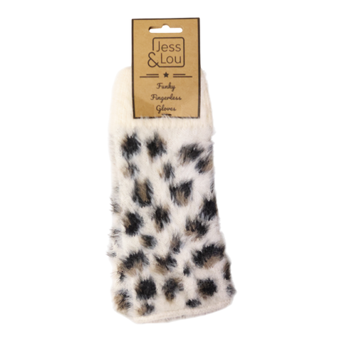 Jess And Lou Cream Leopard Fluffy Knit Cosy Fingerless Gloves - Super Soft Wrist Warmers for Ultimate Comfort