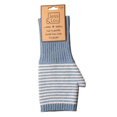 Jess And Lou Blue & White Womens Stripy Soft Cosy Fingerless Gloves - Super Soft Wrist Warmers for Ultimate Comfort