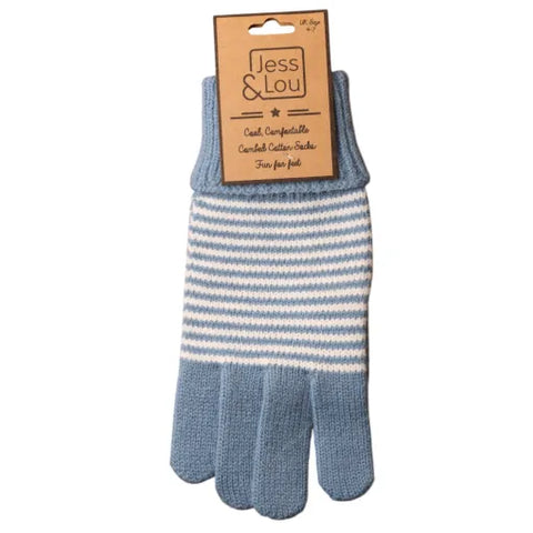 Jess And Lou Blue & White Womens Stripy Plain Knit Cosy Gloves