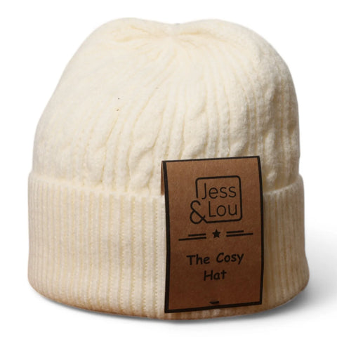 Jess And Lou Cream Unisex Cable Super Soft and Cosy Warm Beanie Hat