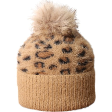 Jess And Lou Tan Leopard Fluffy Knit Bobble Hat