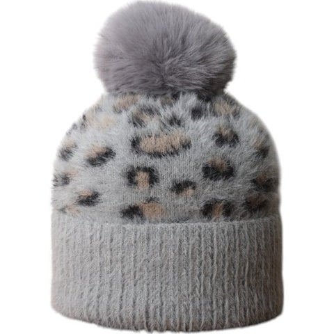 Jess And Lou Grey Leopard Fluffy Knit Bobble Hat
