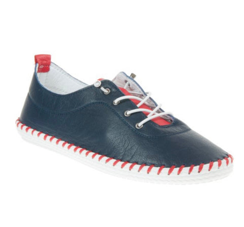Modella Iris Navy/Red Womens Leather Bungee Lace Slip On Plimsoll Shoes
