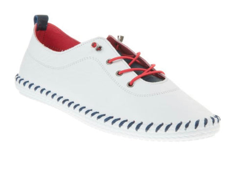 Modella Iris White/Navy Womens Leather Bungee Lace Slip On Plimsoll Shoes