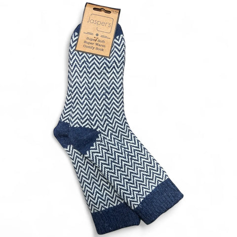 Jaspers Blue Herringbone Mens Cosy Ribbed Super Soft Wool Blend Socks