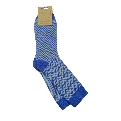 Jaspers Blue Herringbone Mens Cosy Ribbed Super Soft Wool Blend Socks