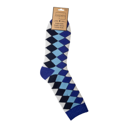 Jaspers Blue Argyle Print Mens Cosy Ribbed Super Soft Wool Blend Socks