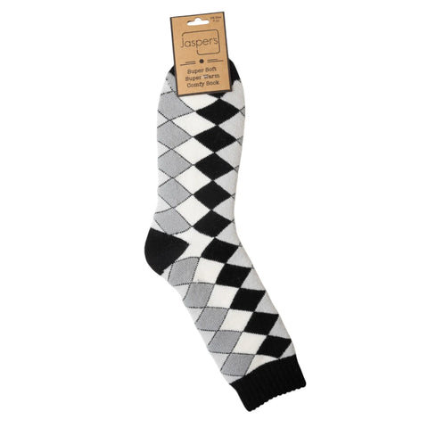 Jaspers Black & Grey Argyle Print Mens Cosy Ribbed Super Soft Wool Blend Socks