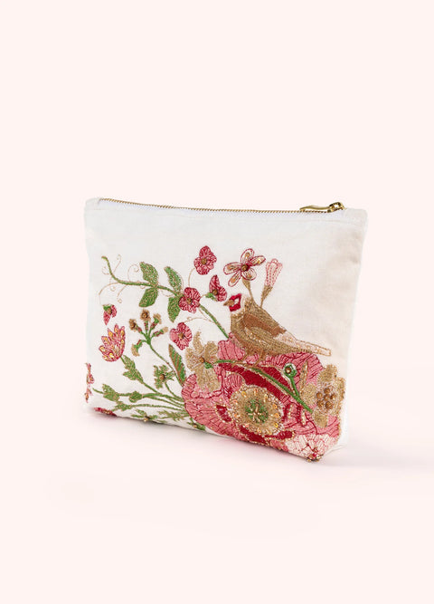Powder Mid Size Velvet Embroidered Zip Pouch Goldfinch MEZ3