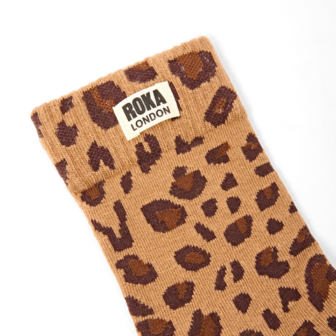 Roka Wimbledon Savannah Leopard Sand Womens Organic Cotton Super Comfy Stylish Crew Socks