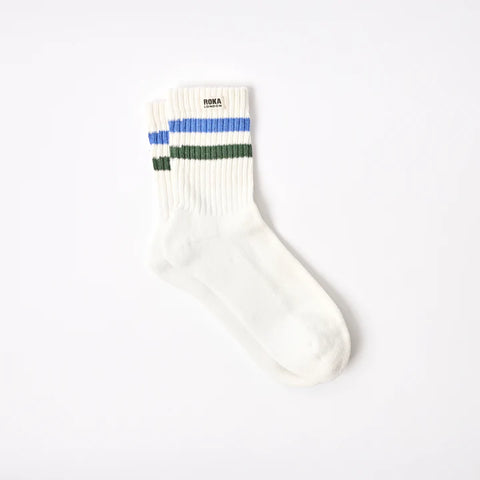 Roka Windsor Malibu Blue/Forest Mens Organic Cotton Super Comfy Stylish Stripe Crew Socks